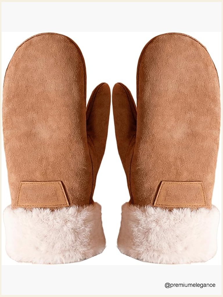 Faux Suede Leather Mittens Winter Warm Gloves Fuzzy Cuffed Thick Fleece Lined